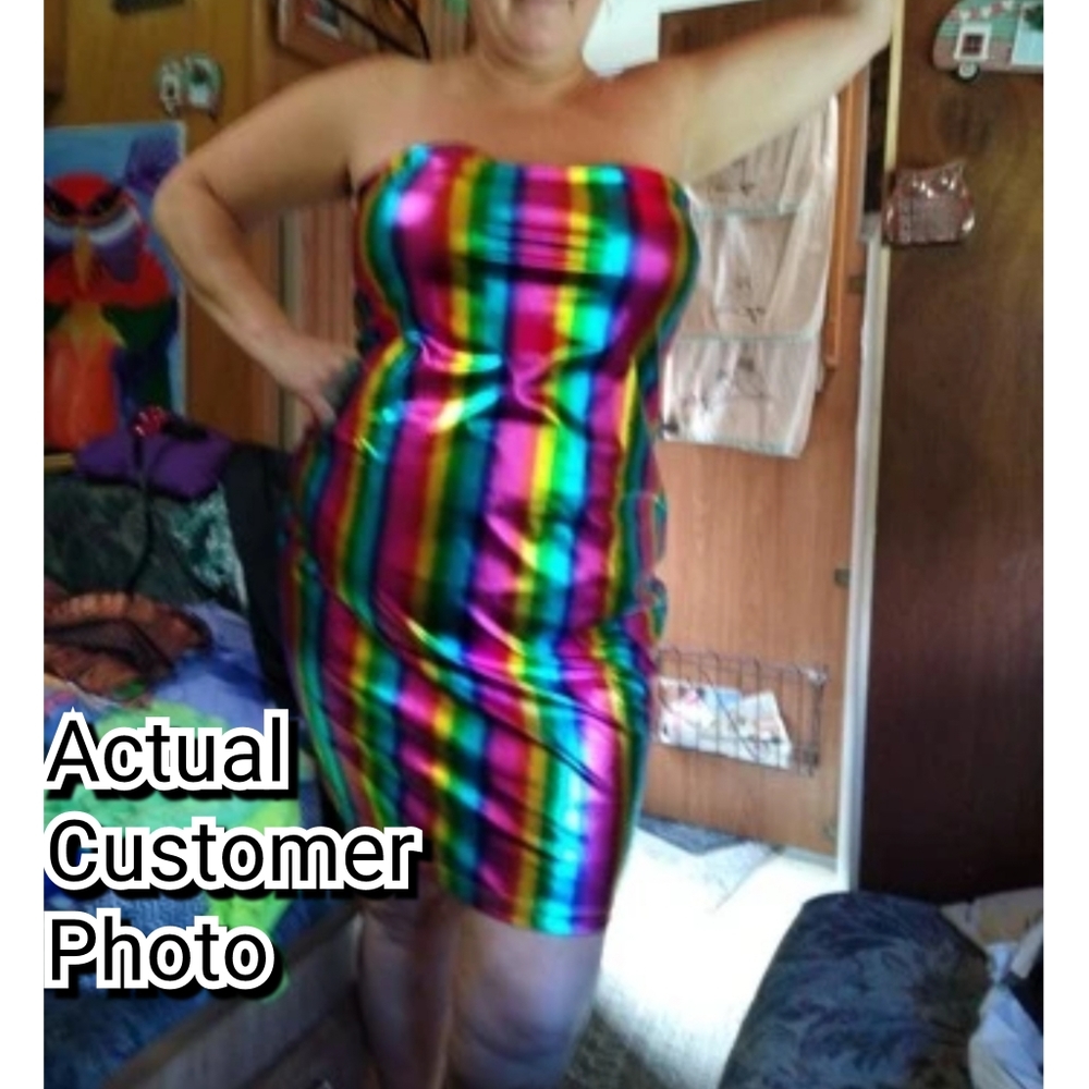Plus Size Rainbow PU Vegan Leather Rainbow Striped Tube Style Dress Shiny - Picture 9 of 10